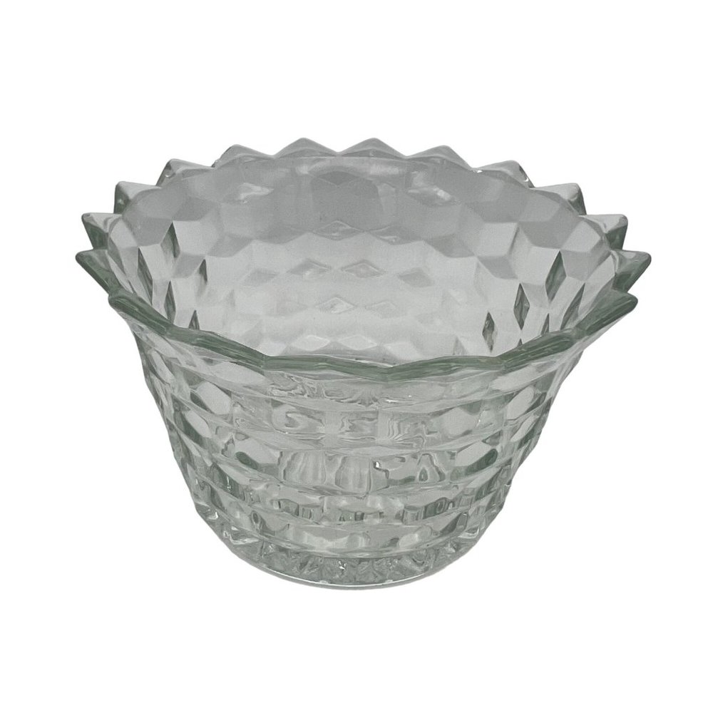 Vintage Pressed Glass Candy Dish with Cube Pattern & Starburst Bottom 3.5" Tall